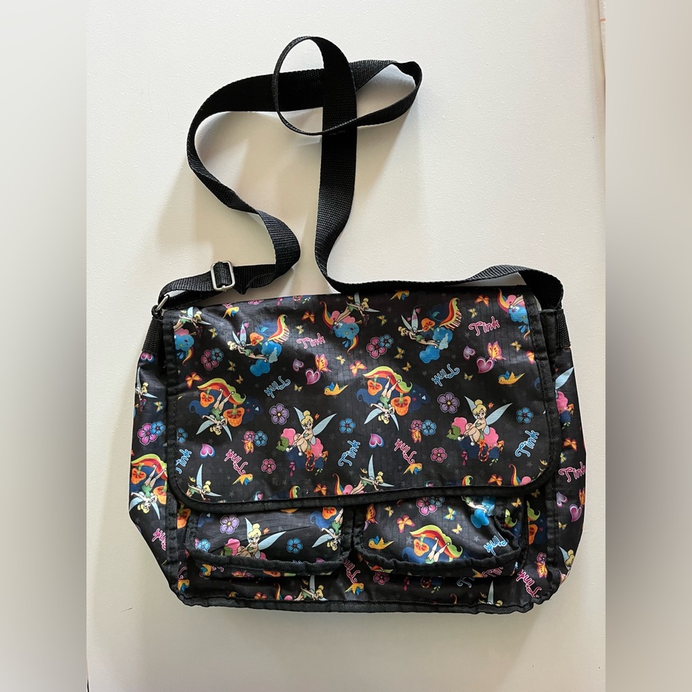 Vintage Tinkerbell nylon messenger style bag w/adjustable strap -black Disney